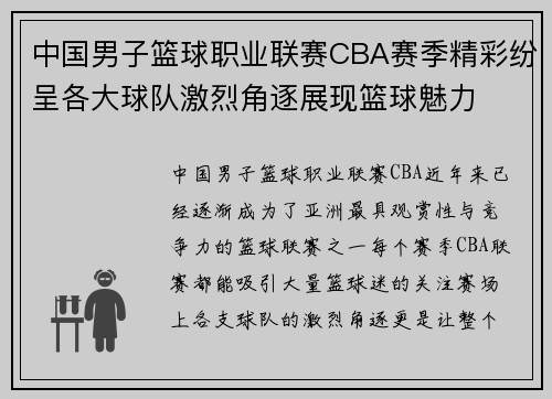 中国男子篮球职业联赛CBA赛季精彩纷呈各大球队激烈角逐展现篮球魅力