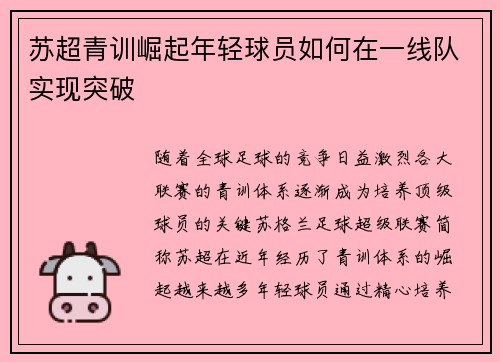 苏超青训崛起年轻球员如何在一线队实现突破